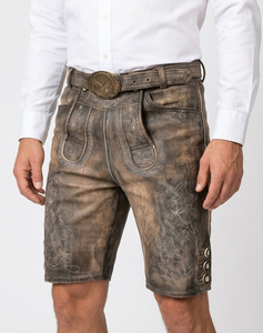 Lederhose pour homme en daim de chèvre respirant, coupe courte, motif écossais, fermeture boutonnée, pour l'Oktoberfest et les tenues traditionnelles - Product Image 2
