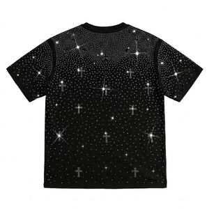 Ensembles chemises et shorts noirs pour hommes, les plus vendus, avec logo personnalisé imprimé, effet délavé et strass, pour streetwear vintage de haute qualité - Product Image 3