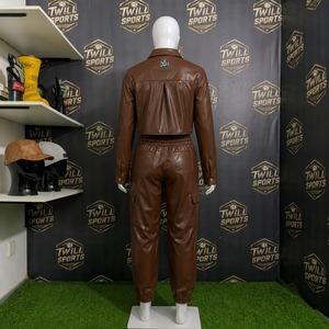 Women's Brown PU Leather Winter Tracksuit Full Sleeve Drawstring <b>Pants</b> Solid Color Casual Wear 2 1 Design Breathable - Product Image 3