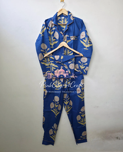 Conjunto de Pijama de Manga Larga para Mujer, Diseño Floral en Algodón Azul, Hecho a Mano, Transpirable, para Primavera, Verano y Otoño - Product Image 4