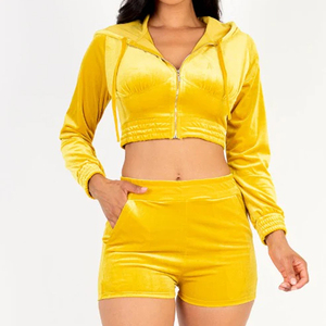 <b>Women</b> Yellow <b>Velvet</b> Hooded Tracksuit Set With Cartoon Logo Zipper Front Shorts Full Sleeve Spring Y2K Style - Product Image 1