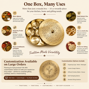 Boîte à épices ronde artisanale en laiton avec couvercle floral gravé, Masala Dabba, récipient de rangement de cuisine avec cuillère, vente en gros - Product Image 4