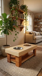 Wood Modern <b>Dog</b> Feeding <b>Table</b> With Stainless Steel Bowls Outdoor Durable Furniture Rectangle Design For Living Room for food - Product Image 2