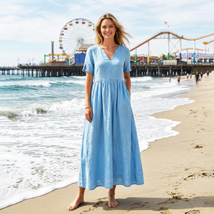 Cotton Midi Dress for Women V Neck High Waist a Line Short Sleeve Flowy Plain Dyed Handmade <b>Bow</b> Summer Beach <b>Gift</b> for Her - Product Image 1
