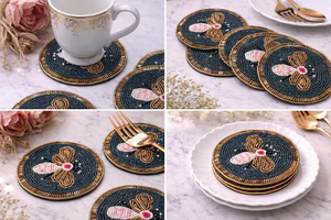 Ensemble de dessous-de-verre en coton et perles faites à la main, noir et or, brodés, de luxe, écologiques, pour la décoration de table, options personnalisables - Product Image 6