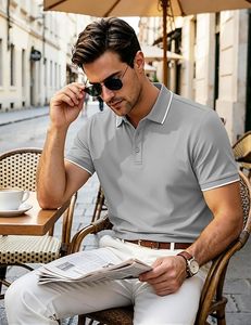 Men's Gray Short Sleeve Polo Shirt Solid Color Pique Knitted Casual Breathable Regular Fit - Product Image 3