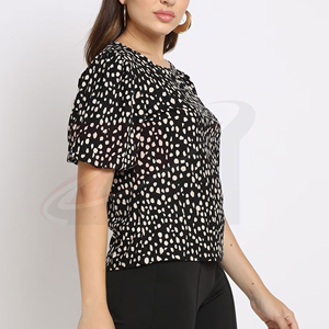 Blusa de Gasa con Estampado de Puntos Blancos y Negros, Cuello Redondo, Manga Corta Abullonada, Corte Holgado Informal, 100% Algodón, Calidad de Marca, Personalizable - Product Image 4