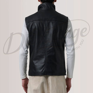 Chaleco de Cuero Genuino Negro Personalizado para Hombre, Cuello Alto, Cierre Frontal con Cremallera, Corte Ajustado, Sin Mangas, Chaqueta Casual de Moda - Product Image 2