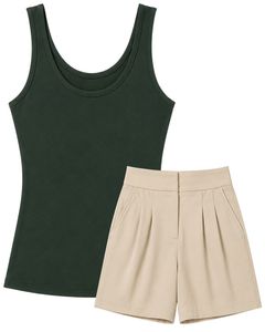 Manufacturer Dark Forest Green Sleeveless Tank <b>Top</b> With Beige High Waist Shorts Women Casual Summer Two Piece Outfit Set Clothes - Product Image 1