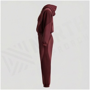 <b>Women</b> <b>Burgundy</b> Hooded Tracksuit Set Full Sleeve Zipper Closure Solid Color Casual Jogger Pants With Side Pockets Autumn Wear - Product Image 3