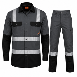 <b>Men's</b> Burgundy Black Hi Visibility Workwear Shirt Pants Set High Visibility Reflective Tape Long Sleeve Button-Down <b>Cargo</b> Cotton - Product Image 5