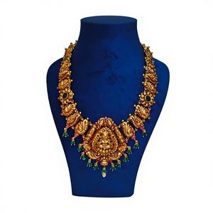 Parure de bijoux de temple Lakshmi Paon en or antique, avec pierre Kemp, collier Haram mat traditionnel indien du sud pour mariée - Product Image 1