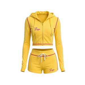 2026 Women's Custom Logo Athletic Set Solid-Color Long-Sleeve Hooded Zipper Jacket and Drawstring <b>Shorts</b> Two-Piece Set - Product Image 2