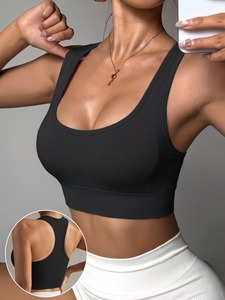 Women Ribbed Racerback Sports Bra Seamless Longline Yoga <b>Crop</b> <b>Top</b> Push Up Padded Gym Fitness Tank Activewear Blanks - Product Image 2