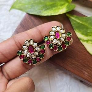 Kundan Gold Plated Stud Earrings with Zircon Diamond & Topaz-Fashion Jewellery - Product Image 1