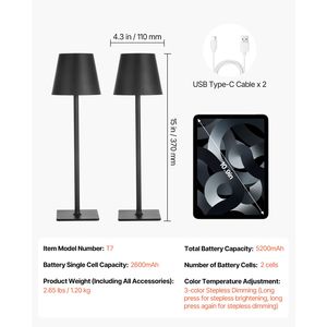 Lot de 2 lampes de table sans fil avec batterie rechargeable intégrée de 5200 mAh, température de couleur 3000-6500K, lampe de bureau à gradation progressive en 3 niveaux - Product Image 3
