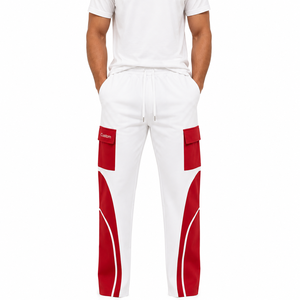 Pantalones Deportivos Cargo para Hombre, Blancos con Detalles Rojos, 100% Algodón, Forro Polar Ecológico, Bolsillos Utilitarios, Estilo Urbano, Joggers - Product Image 3
