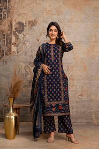 Traje Recto de Algodón Azul para Mujer, Largo hasta la Rodilla, con Dupatta, Estilo Tradicional, Corte Regular, Secado Rápido, Multitemporada, Informal, para Diwali/Bodas - Product Image 3