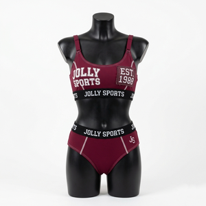 Conjunto de Bikini de Dos Piezas Premium para Mujer, Poliéster y Elastano, Color Borgoña con Paneles en Contraste, Logotipo Elástico Jacquard Personalizado - Product Image 1