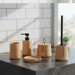 Bamboo Bathroom Accessories Set 6 Piece Modern <b>Soap</b> <b>Dispenser</b> <b>Toothbrush</b> <b>Holder</b> Trash Can Tray Eco Friendly - Product Image 4
