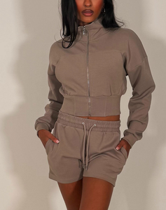 Custom OEM Logo <b>Cropped</b> Full Zip Up Sweatshirt <b>Jacket</b> & Shorts Tracksuit Sporty Lightweight Polyester/Cotton 280 GSM Women's Set - Product Image 3