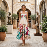 Robe longue élégante à imprimé floral pour femmes |   Robe de soirée sans manches à col carré, style vintage décontracté pour les vacances d'été