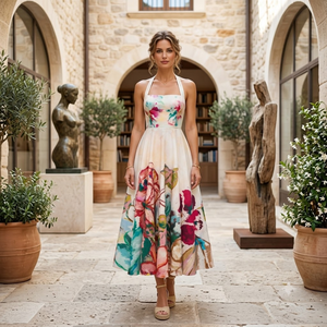 Robe midi élégante à imprimé floral pour femmes |   Robe de soirée sans manches à col carré, coupe trapèze, pour les vacances d'été, style décontracté et vintage - Product Image 2