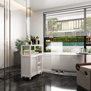 Large Capacity <b>White</b> Bamboo <b>Storage</b> <b>Cabinet</b> for Bathroom and Living Room Elegant Furniture with Shelves - Product Image 6