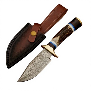 Couteau de chasse à lame droite en acier Damas, manche en corne de cerf forgé à la main, modèle Woodland Warrior - Personnalisable OEM, qualité industrielle - Product Image 1