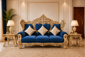 Opulento Juego de Sofás Tapizados en Azul Real de Estilo Rococó, Sofá de Lujo para Sala de Estar con Marco Tallado en Oro, Muebles de Primera Calidad para Sala de Estar - Product Image 2