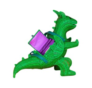 Green Rattan Dinosaur Shape Storage Basket With Teal Strap Animal Pattern Handmade <b>Wicker</b> <b>Bag</b> Portable - Product Image 4