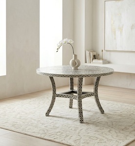 Table à manger moderne ronde en bois avec incrustations en os, table d'appoint décorative pour salon, maison, 4 places - Product Image 1