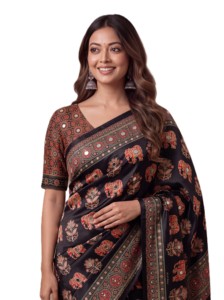 Traditional Indian Silk <b>Saree</b> with <b>Red</b> Elephant Ajrak Print Wedding Wear Women Floor-Length Regular Fit Digital Printing - Product Image 3