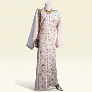 Pink Embroidered Chiffon Elegant <b>Kaftan</b> Dress with Floral Front Design Long Sleeve Traditional Wedding Party Wear - Product Image 4