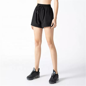 Shorts pour femmes à taille haute, couleur unie, avec cordon de serrage, poches, coupe ample, style décontracté, tricoté en polyester respirant, style sportif - Product Image 2