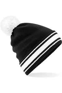 Men's <b>Navy</b> Blue Striped Beanie <b>Hat</b> with White Pom Pom Casual Winter Cap 100% Acrylic Knitted for Adults 56-58CM - Product Image 4
