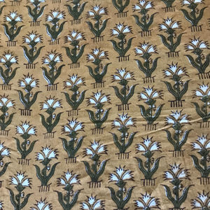 Hand Block Printed Cotton <b>Fabric</b> – Mustard <b>Yellow</b> Base Green & White Floral Buti Print, Traditional Indian Textile - Product Image 1
