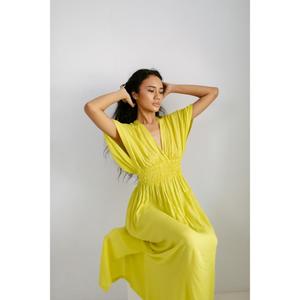 Vestido Maxi Elegante Amarillo para Mujer, 100% Algodón Ecológico, Cuello en V Profundo, Manga Abullonada, Estilo Boho Casual para Playa o Fiesta de Verano - Product Image 3