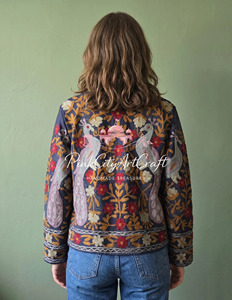 Handcrafted Suzani Embroidery Breathable Woven Velvet <b>Quilted</b> Jacket Traditional Kashmiri Floral Peacock Motif Winter Wear Coat - Product Image 3