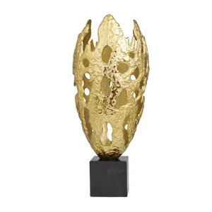 Modern Abstract Gold Resin Sculpture on Black <b>Cube</b> Base Decorative Art Piece - Product Image 2