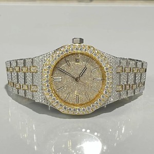 VVS Moissanite Diamond Quartz <b>Watch</b> <b>Men</b> Antique Style Glass Stainless Steel Premium Luxury <b>Gold</b> Plated 16mm ETA Movement Push - Product Image 3