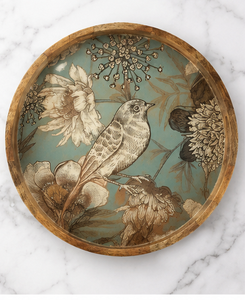Handmade Round Wooden Serving Tray with Bird Floral <b>Print</b> Decorative Tea <b>Coffee</b> Serving Tray - Product Image 6
