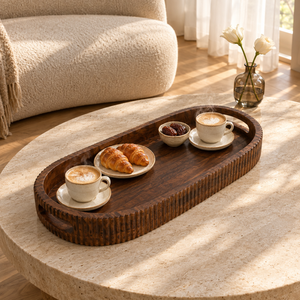 Plateau de service artisanal en bois |   Assiettes modernes à rebords surélevés, bords côtelés, poignées découpées, multifonctionnelles pour mariage, dîner, café - Product Image 2