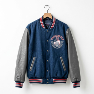 Veste universitaire en laine pour homme, style décontracté, avec manches en cuir bleu, broderie Washington D.C., style automne - Product Image 1