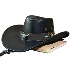 Mode tête de vache décorer Western Cowboy chapeau en cuir naturel Vintage Gentleman Jazz chapeaux pour hommes Cowgirl chapeaux - Product Image 1