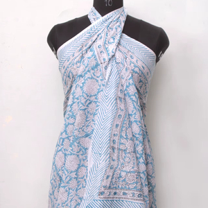 Women’s Cotton Sky Blue Floral Print <b>Sarong</b> Lightweight Beach Pareo Resort Wrap Swim Cover Up. - Product Image 1