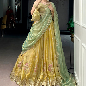 Best Quality NC Moss Silk with <b>Sequin</b>-Thread Embroidered <b>Flared</b> Can-Can Yellow Lehenga-Choli Set with Batwa Wholesale Supply - Product Image 1