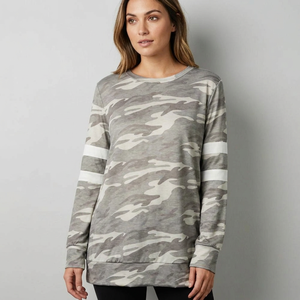 T-shirt à manches longues en coton biologique écologique gris camouflage pour femme, col rond, respirant, jersey sportif, séchage rapide, léger - Product Image 3