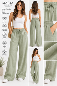 Fournisseur de vêtements en gros haut de gamme - Maria Garments - Ensemble décontracté d'été : T-shirt vert sauge et pantalon large en lin/coton élastique - Product Image 4