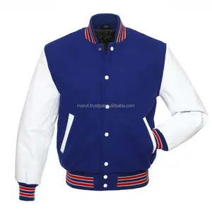 Kraliyet mavi kolej ceketi MSWVJ127 kırmızı ve beyaz Stripes ile hakiki deri kollu
